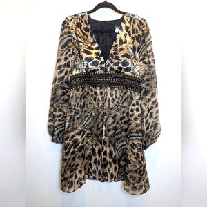 Boston Proper Vintage Silk Sheer Animal Print Beaded Waist Dress Size Medium
